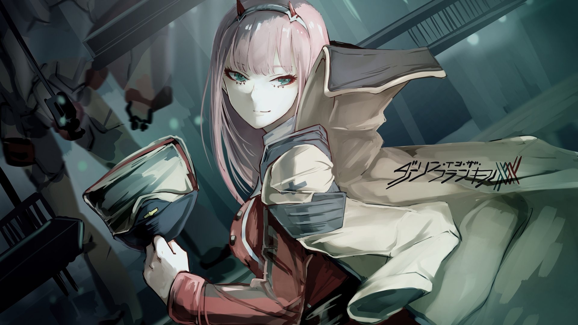 Zero Two (Darling in the FranXX), pink-haired pilot in a red uniform and white cape, holding a book in a dim industrial interior, small horns and pale face visible.