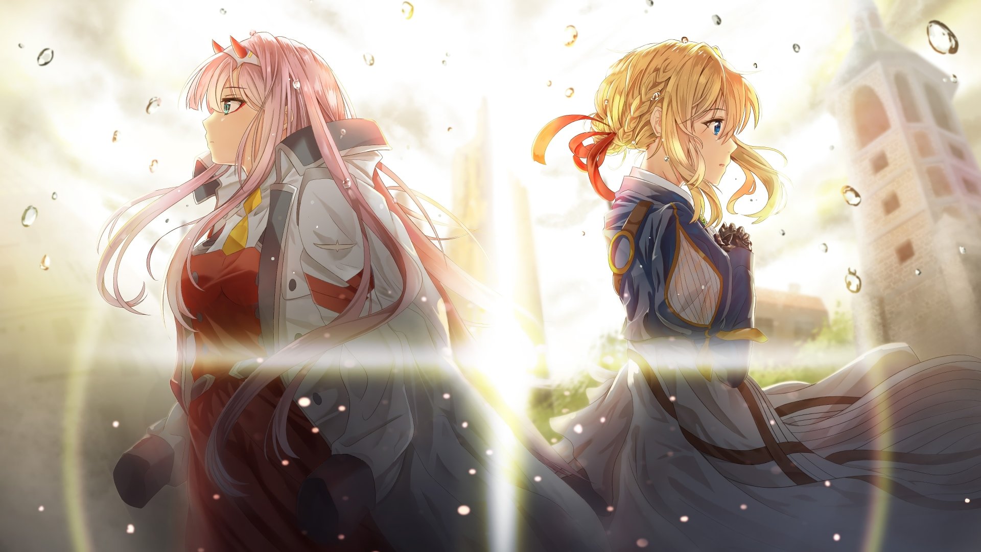 Anime crossover featuring pink-haired Zero Two from Darling in the FranXX and blonde Violet Evergarden standing back-to-back in a glowing, ethereal setting.