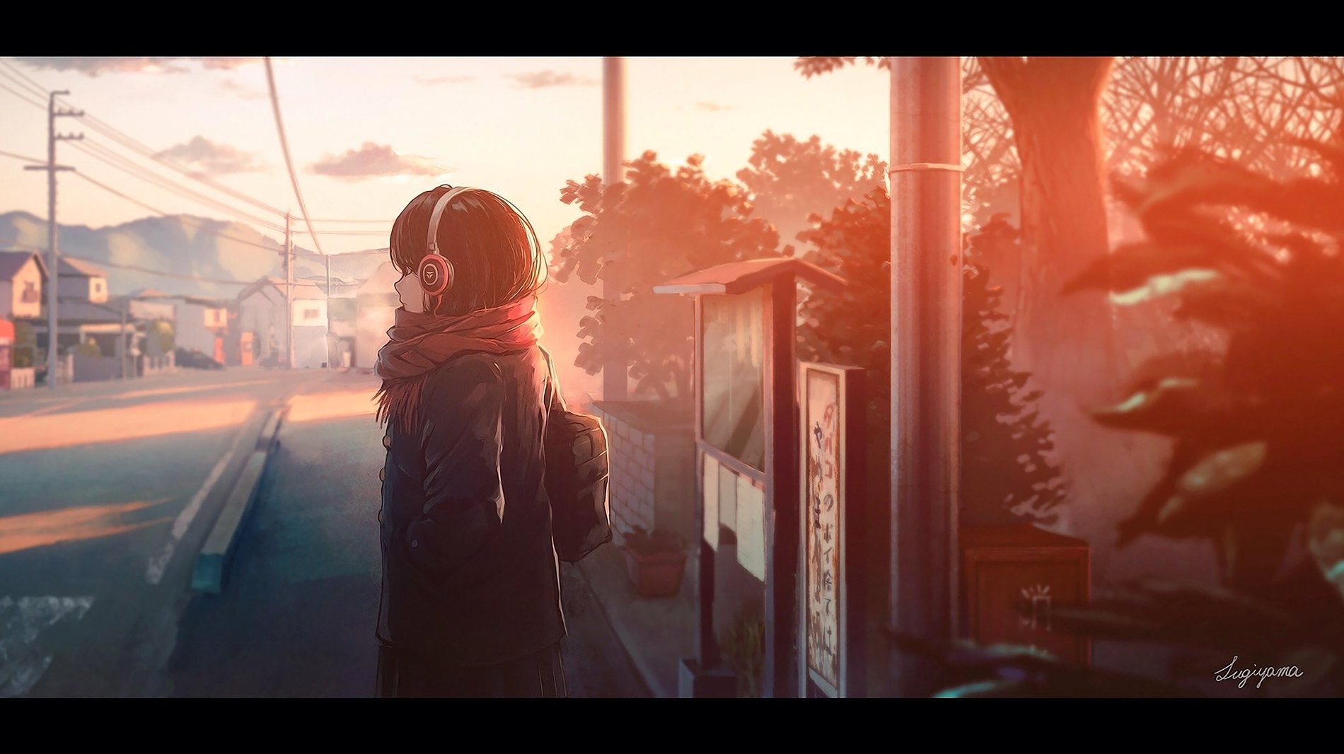 Download Bus Stop Headphones Anime Girl Anime Girl Art