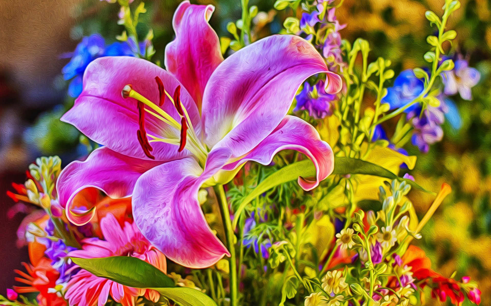 An oil painting of a vibrant pink lily surrounded by a colorful array of flowers, capturing the beauty of nature in a striking floral composition.