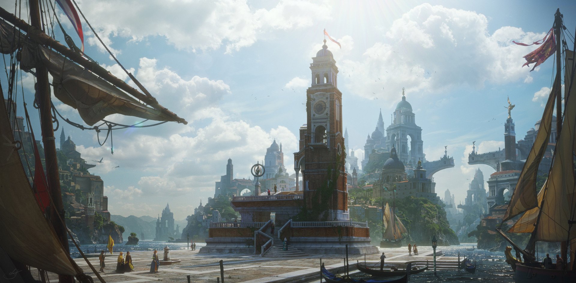Sunlit fantasy city harbor with a central clock tower, soaring spires and arched bridges; sailing ships and a busy quay beneath a bright sky of scattered clouds.