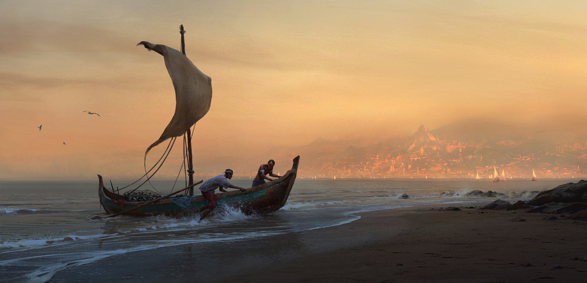 An artistic scene of a fisherman steering a boat through calm waters at sunset with a distant city skyline under a warm sky.