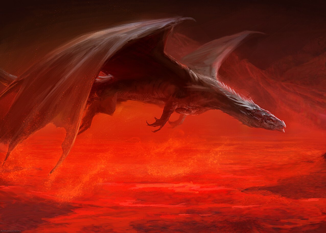 A dark dragon soars over a fiery red landscape, embodying a dramatic fantasy scene with glowing, intense colors.