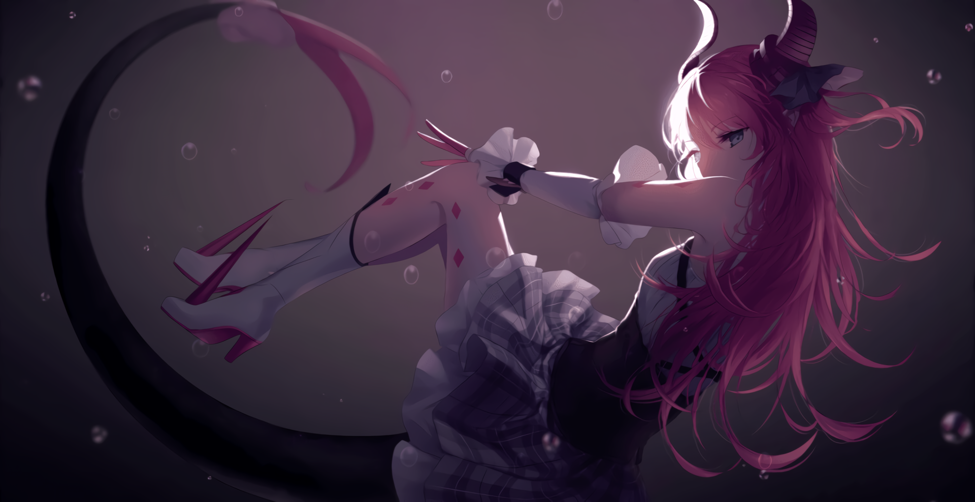 Elizabeth Bathory (Fate/Grand Order) — anime-style with long pink hair, horns and tail, wearing a dark frilled dress, posed on a crescent moon holding a dagger with scattered droplets.