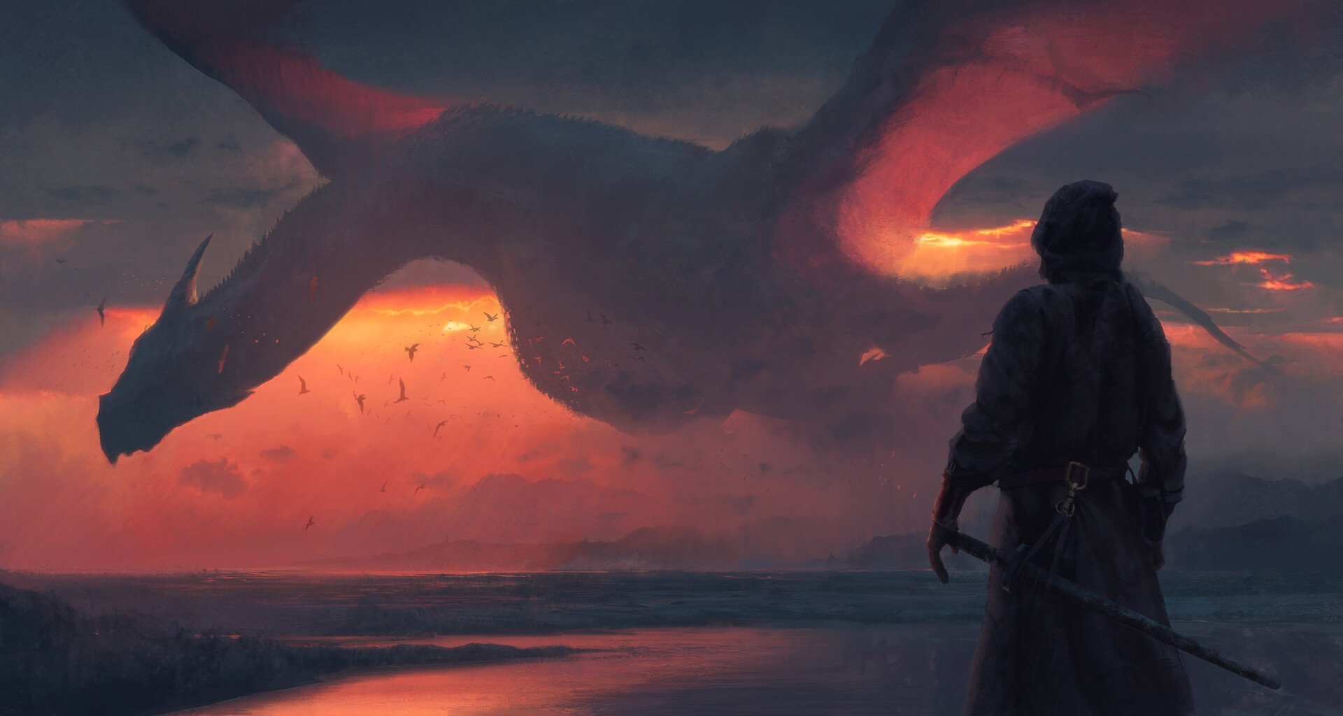 A fantasy scene: a lone armored figure with a sword faces a colossal dragon hovering over a sea at sunset, glowing orange clouds and distant birds.
