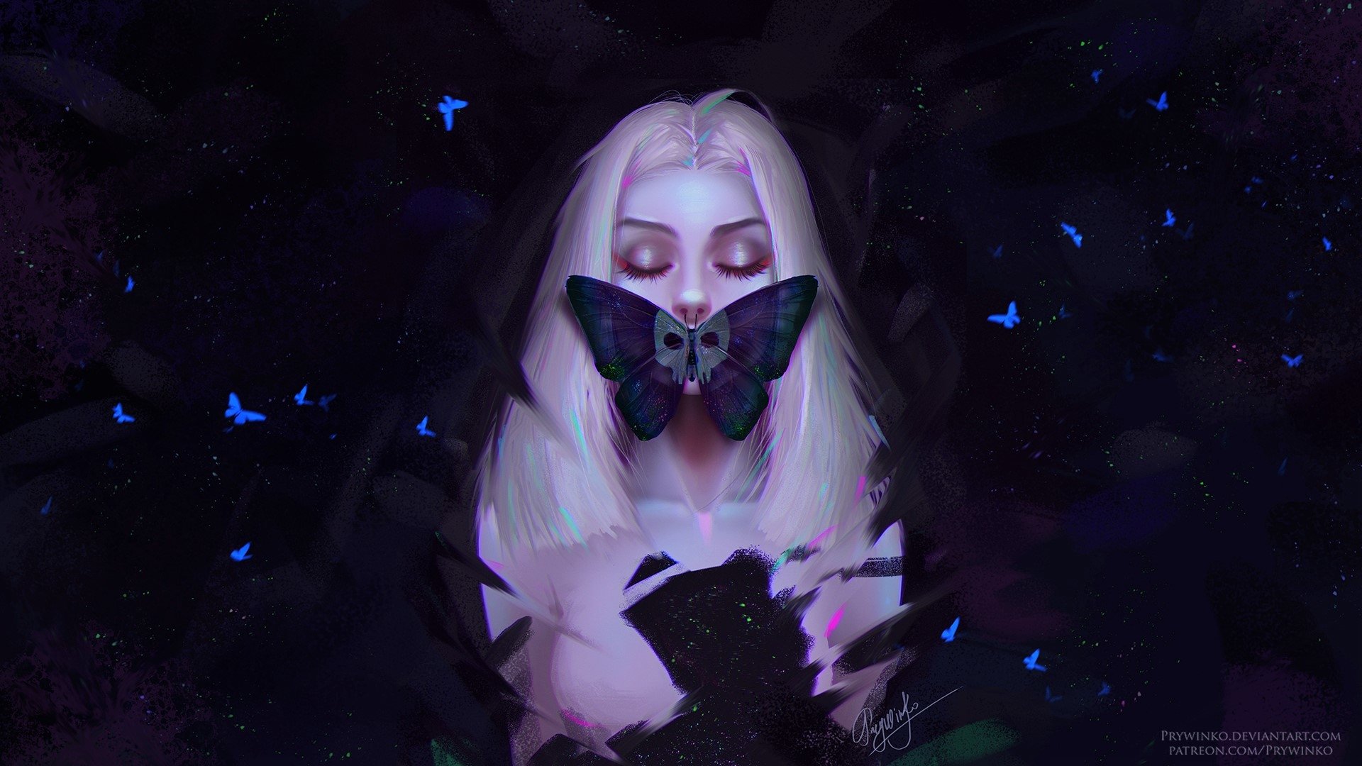 An artistic portrait of a woman with white hair and closed eyes, a large dark butterfly covering her mouth, surrounded by smaller glowing butterflies against a dark background.