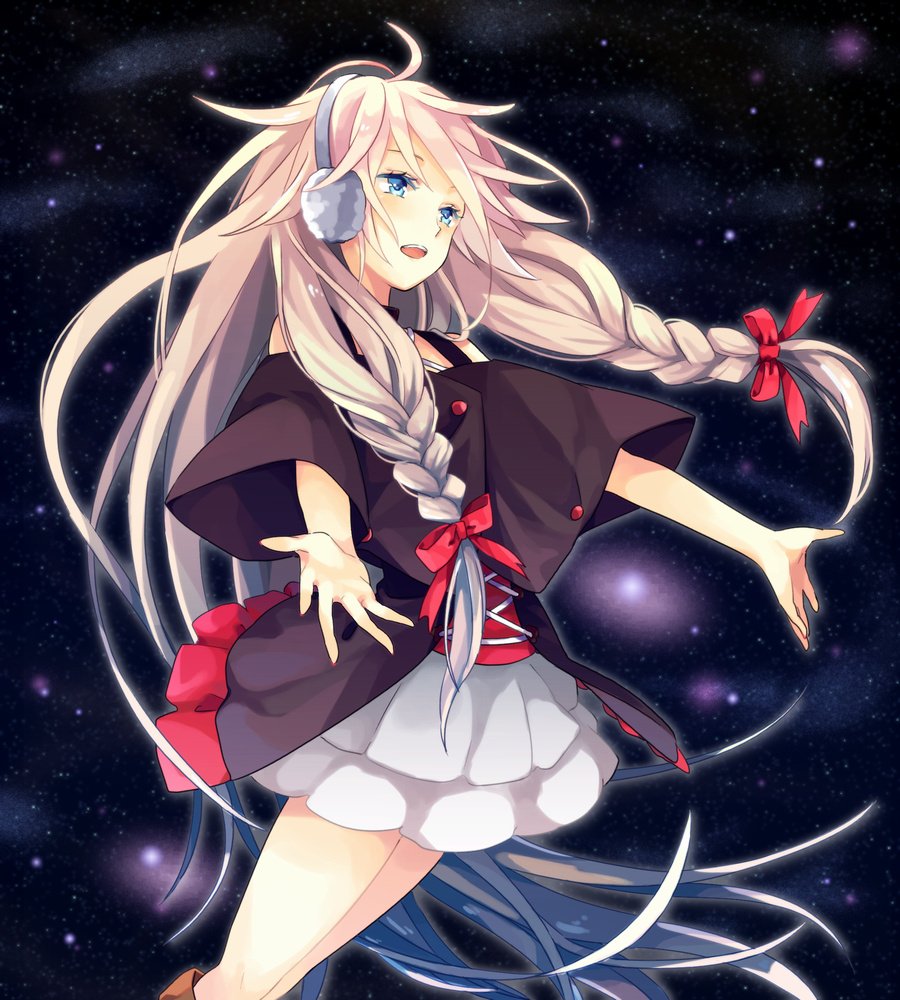 IA (Vocaloid), an anime Vocaloid character, with long pale pink braided hair, headset and red ribbons, wearing a black cape and white skirt, arms outstretched against a starry space background.