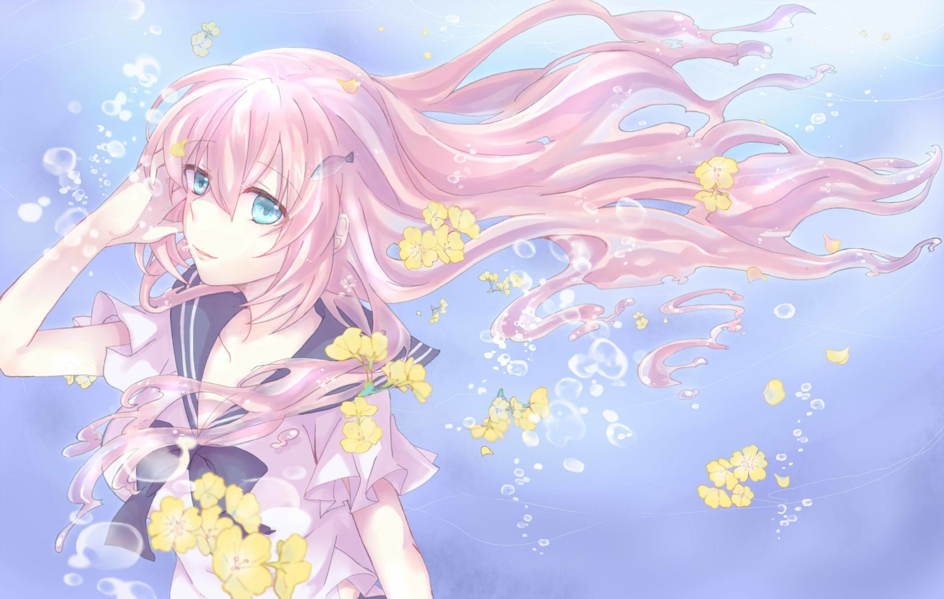 Anime-style Vocaloid Luka Megurine with long pink hair and blue eyes floats underwater amid bubbles and scattered yellow flowers.