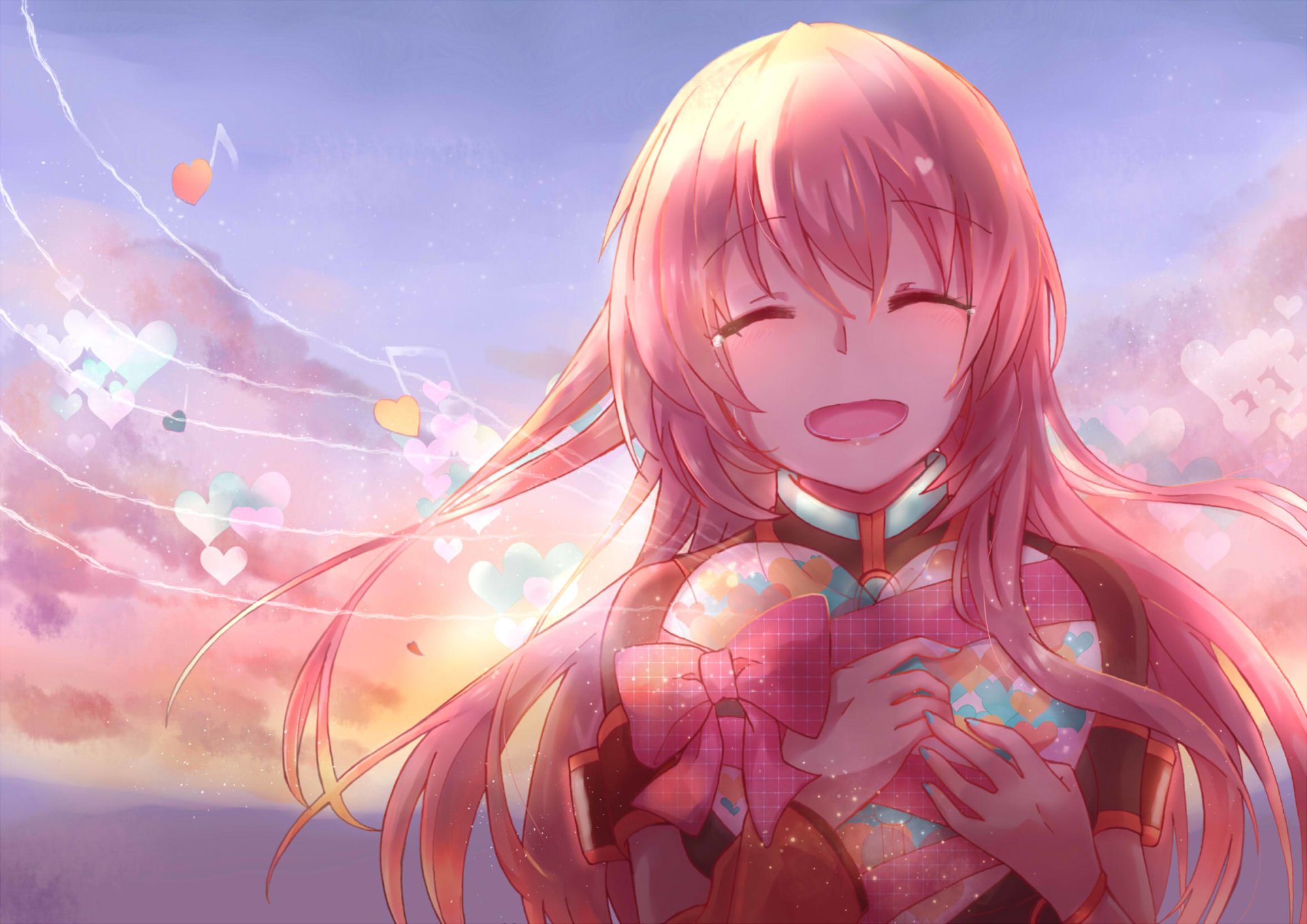 Luka Megurine, anime Vocaloid, smiling with flowing pink hair and clasping glowing heart-shaped gifts as musical notes drift across a pastel sunset sky.