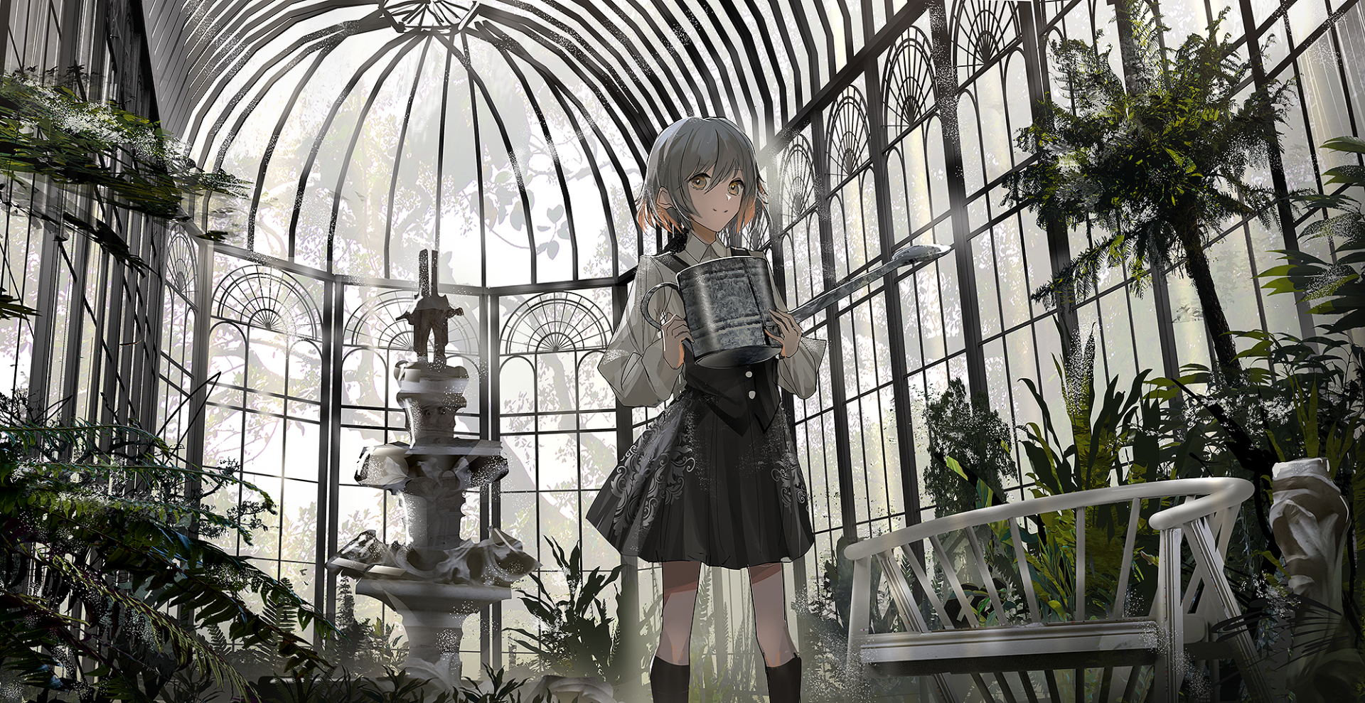 Anime girl standing in a sunlit glass conservatory, holding a book by an ornate fountain surrounded by lush plants.