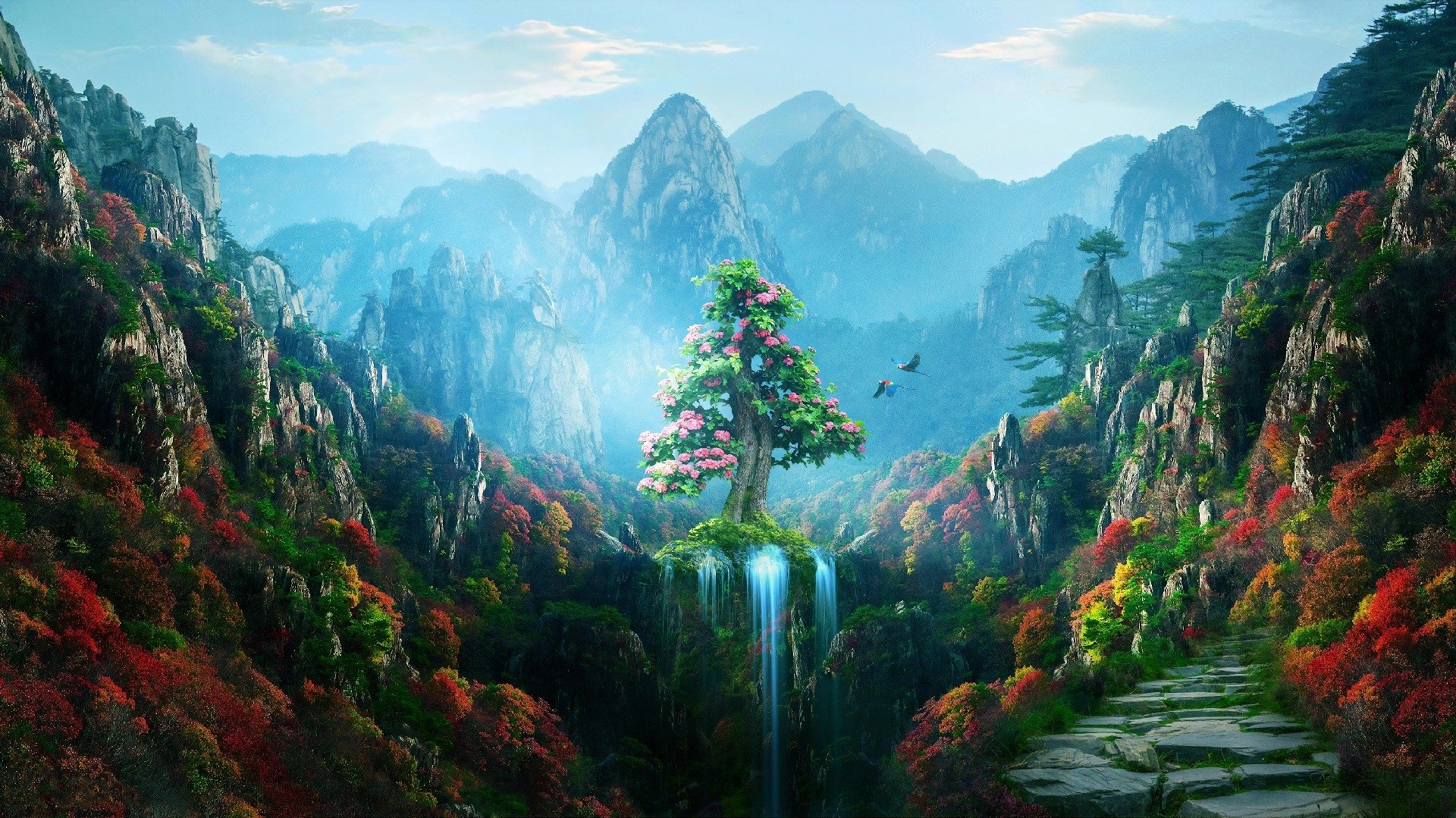 Fantasy forest landscape: a flowering tree perched on a cliff above a cascading waterfall, mist-filled valley and colorful foliage framed by craggy mountains.