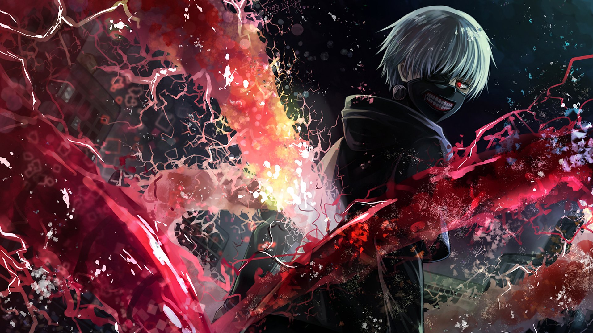 A stylized image of Ken Kaneki from Tokyo Ghoul, featuring his white hair, red eyes, and masked face, surrounded by a dramatic display of crimson kagune and a dark background.