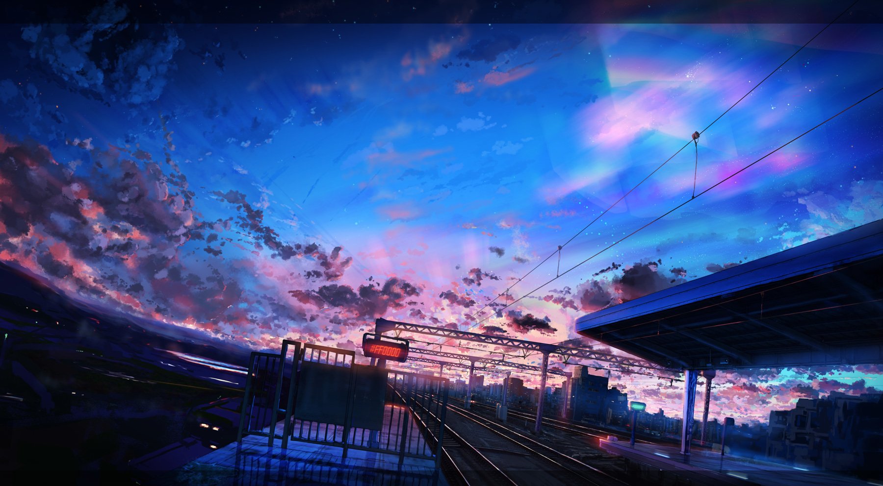 Anime-style evening sky at a train station, showcasing vibrant clouds and twilight hues over the railway tracks.