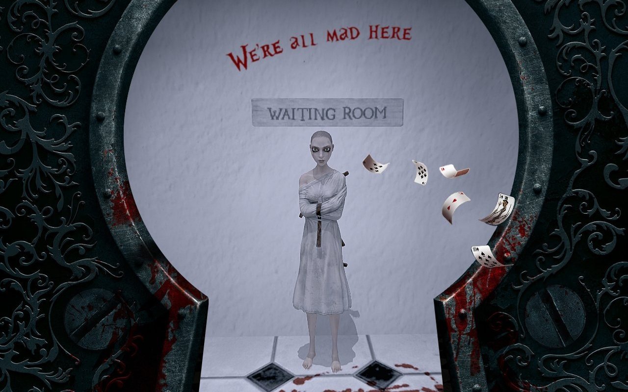 A dark scene from the video game Alice: Madness Returns showing a ghostly figure in a waiting room with the phrase We're all mad here above. Playing cards float in the air.