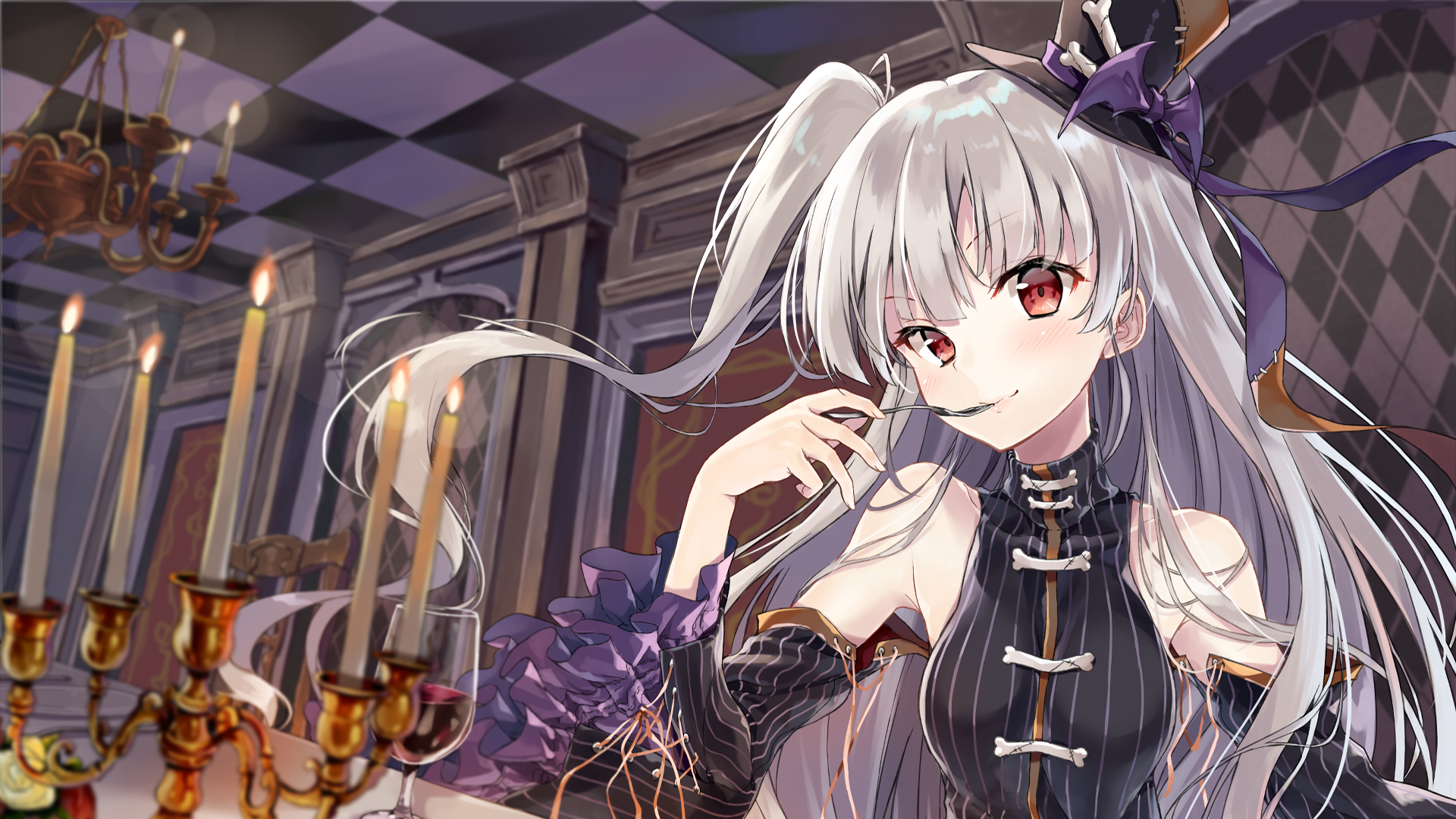 Anime girl with long white hair and striking red eyes, dressed in an elegant black outfit, set against a richly detailed Gothic-style interior.