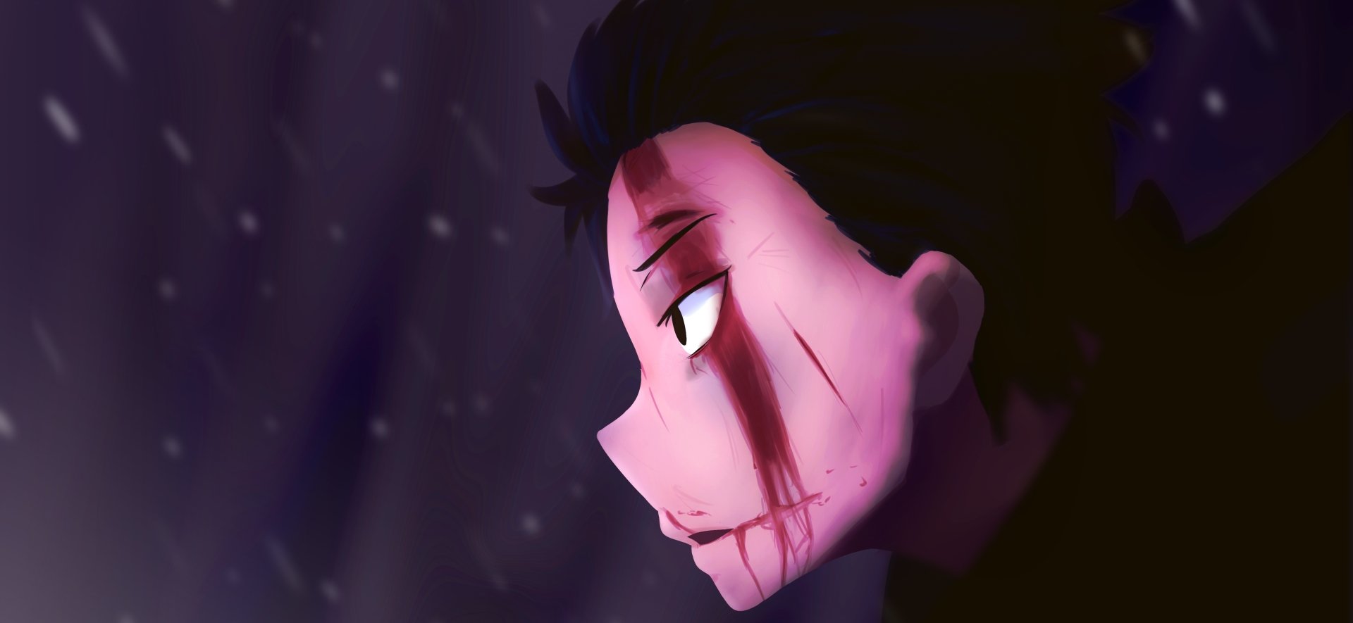 Subaru Natsuki from Re:Zero - Starting Life in Another World, shown with a determined expression and a bloodied face against a dark, rainy background.