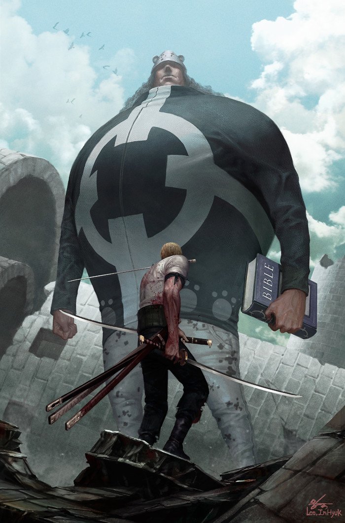 Bartholomew Kuma towers over Roronoa Zoro in a dramatic One Piece anime scene; Kuma clutches a Bible while Zoro readies his three swords amid crumbling stone arches.