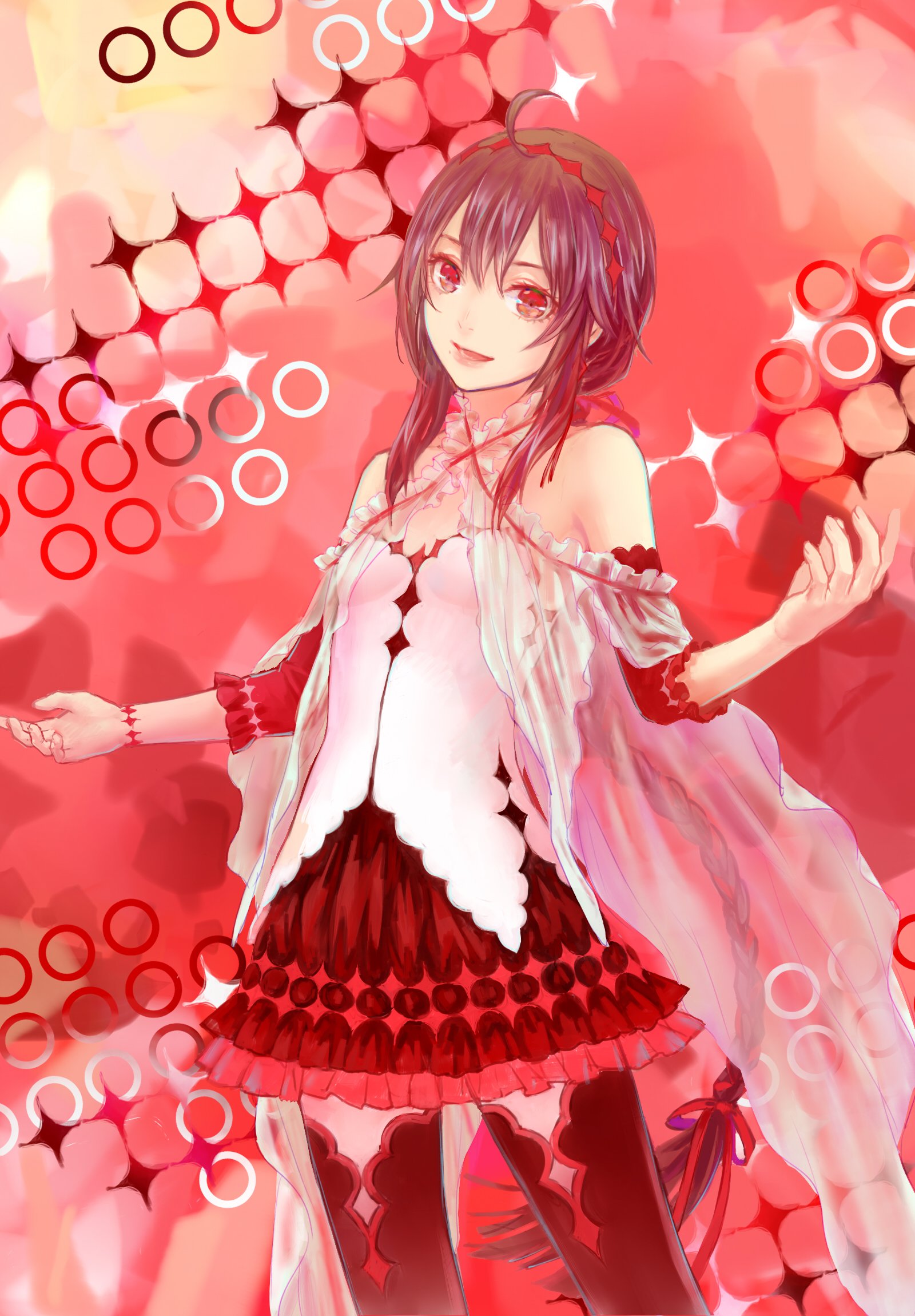 Yuezheng Ling, an anime Vocaloid, smiling in a red-and-white frilly outfit with dark hair and ribbons, posed on a sparkling pink stage with circular light effects.