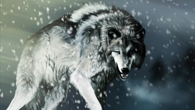 A majestic wolf stands amidst a snowy landscape, its thick fur glistening in the cold. The scene captures the wild beauty and strength of this animal in a serene winter setting.