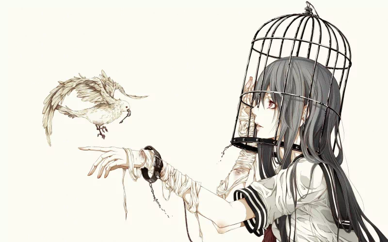 Anime girl in a school uniform with a birdcage over her head reaches out to an anime bird perched on her finger.