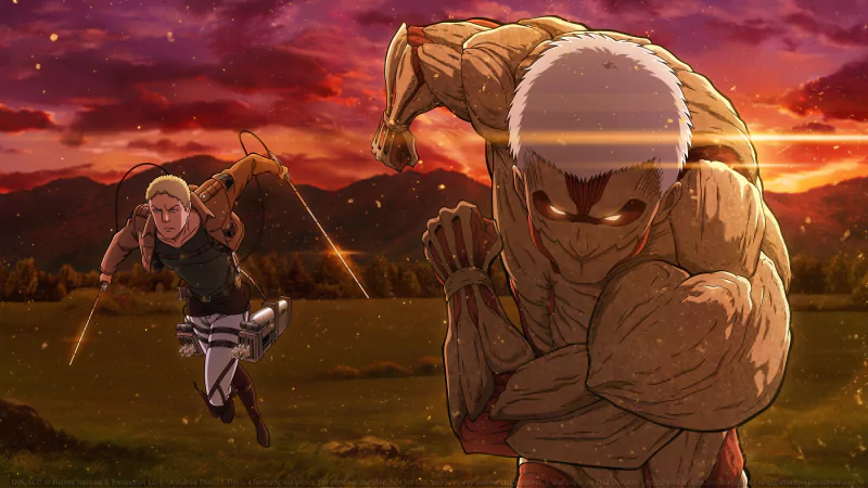A dramatic scene from Attack on Titan featuring a character sprinting towards a colossal titan under a vibrant sunset, highlighting the tension of their battle.