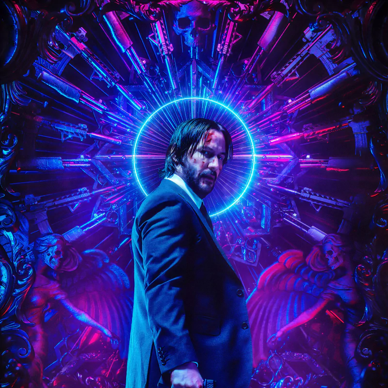 John Wick stands blood-smeared in a suit, framed by a neon halo of guns and skulls — poster art for John Wick: Chapter 3 — Parabellum.