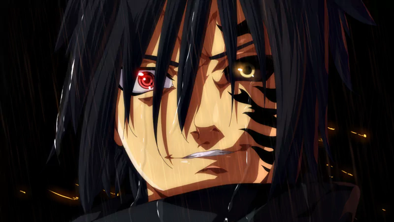 Sasuke Uchiha from the anime Naruto, showcasing his intense expression with red and black elements, highlighting his formidable presence in the series.