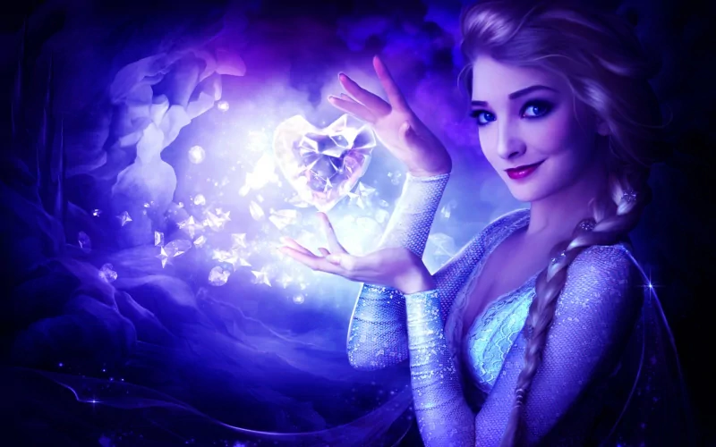 Elsa from the movie *Frozen* displays her magical powers, holding a sparkling heart in a mystical, purple-toned setting filled with shimmering ice crystals.