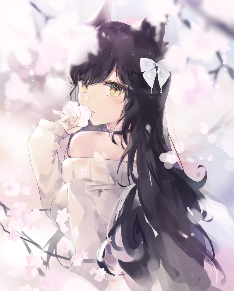 Anime girl with long dark hair, animal ears, and a white bow, surrounded by soft pink cherry blossoms in a serene, pastel-toned scene.