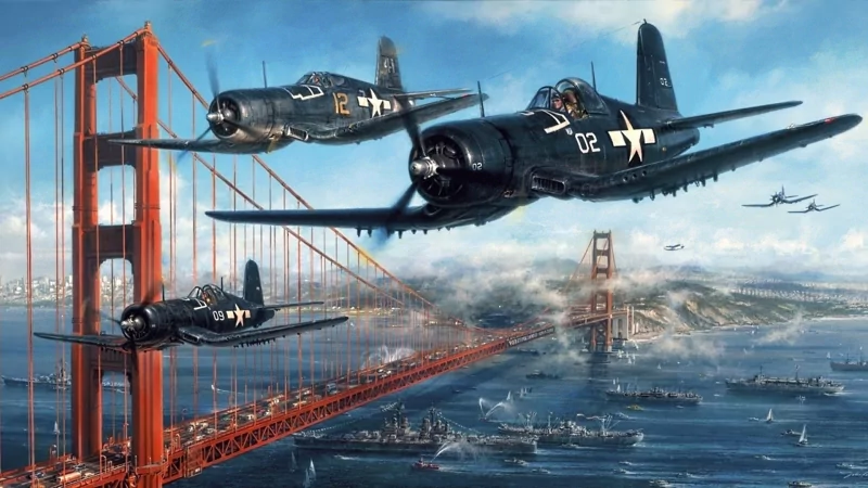 Three Vought F4U Corsair military planes fly in formation over the Golden Gate Bridge and San Francisco Bay on a clear day.