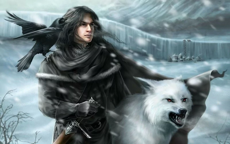 Jon Snow stands resolutely in a snowy landscape, accompanied by a fierce direwolf and a crow, embodying the fantasy world of *Game of Thrones* and *A Song of Ice and Fire*.