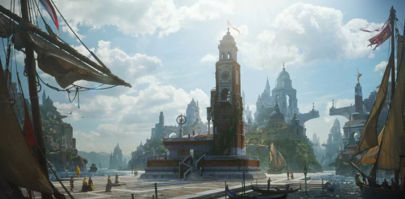 Sunlit fantasy city harbor with a central clock tower, soaring spires and arched bridges; sailing ships and a busy quay beneath a bright sky of scattered clouds.