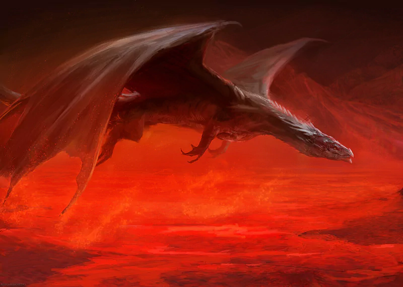 A dark dragon soars over a fiery red landscape, embodying a dramatic fantasy scene with glowing, intense colors.