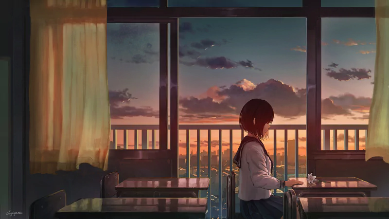 Anime-style room with a girl sitting by the window, overlooking a balcony at sunset, with soft curtains and empty desks in the foreground.
