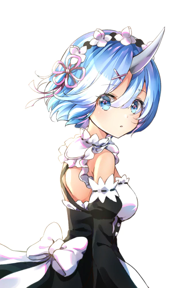Rem (Re:ZERO) from Re:Zero - Starting Life in Another World: blue-haired, horned maid in a black-and-white frilled outfit, glancing over her shoulder in anime style.