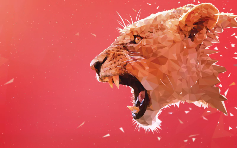 A geometric depiction of a lion's head, featuring sharp facets and a roaring expression against a vibrant red background. The art emphasizes the animal's fierce nature.