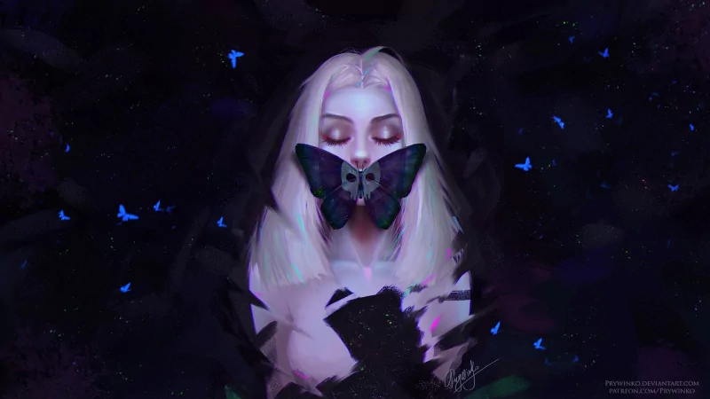 An artistic portrait of a woman with white hair and closed eyes, a large dark butterfly covering her mouth, surrounded by smaller glowing butterflies against a dark background.