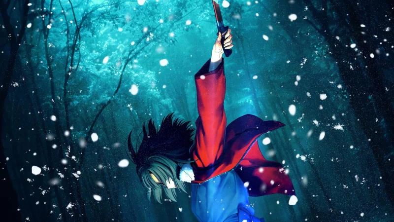 Shiki Ryougi, with short green hair, wields a knife amid falling snow in a dark forest, embodying the mystical essence of anime from *Kara no Kyōkai*.