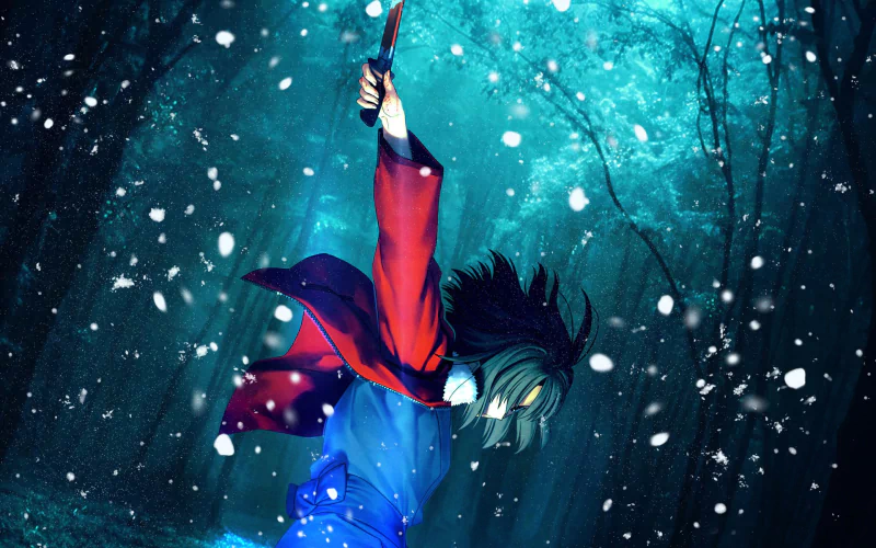 Anime scene from The Garden of Sinners featuring a character in a red and blue outfit raising a sword amidst falling snow in a dark, eerie forest.
