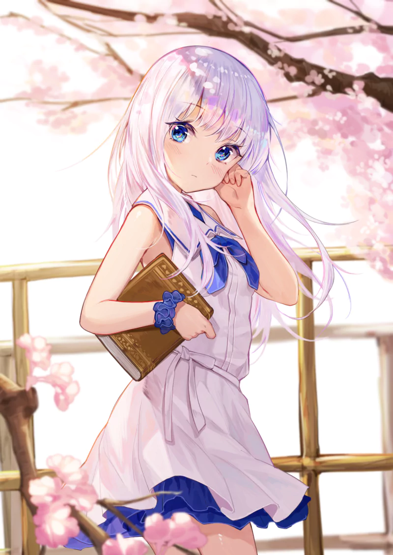 cherry blossom long hair white hair blue eyes book school uniform Anime girl anime girl Image