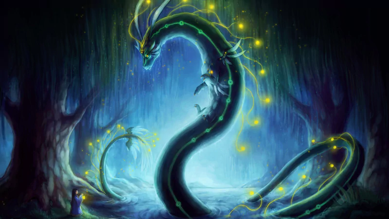A glowing fantasy dragon with a long, serpentine body coils through a dark, mystical forest illuminated by soft blue and green lights.