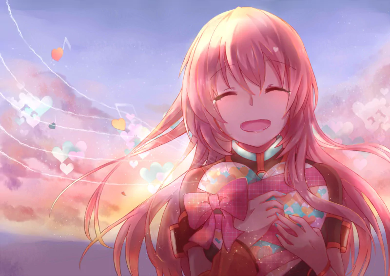 Luka Megurine, anime Vocaloid, smiling with flowing pink hair and clasping glowing heart-shaped gifts as musical notes drift across a pastel sunset sky.