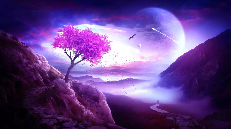A fantasy landscape featuring a glowing purple tree on rocky terrain beneath a large purple planet, with misty mountains and a winding river under a vibrant sky.