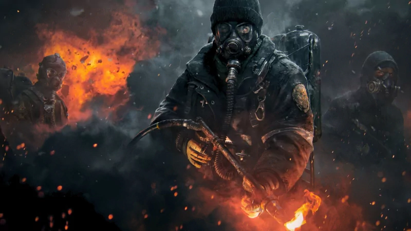 Dark, intense scene from the video game Tom Clancy's The Division depicting armed agents in tactical gear amid fire and smoke.