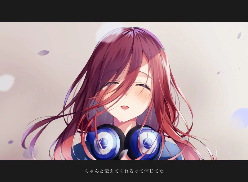 Anime illustration of Miku Nakano from The Quintessential Quintuplets, with long reddish hair and headphones around her neck, eyes closed in a peaceful expression.