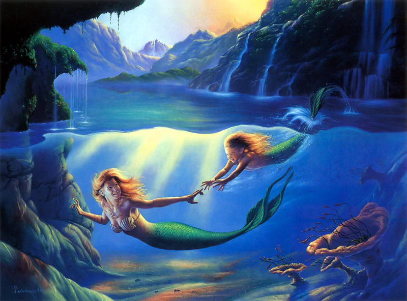 Underwater fantasy sea scene: two green‑tailed mermaids reaching for one another among glowing reefs beneath cascading waterfalls.