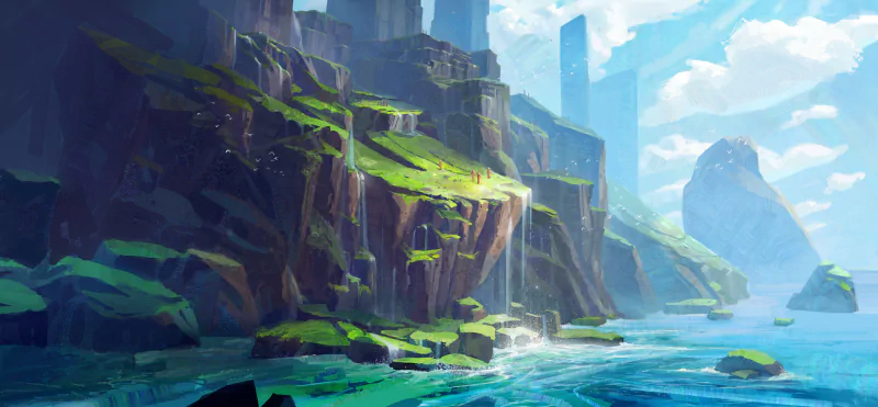 Sunlit fantasy landscape of terraced emerald cliffs above a turquoise sea, rocky islets and distant towering spires beneath a bright blue sky.