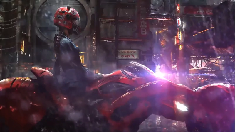 Helmeted anime girl biker on a red bike parked in a rain-soaked cyberpunk street, neon signs and wet reflections glowing around her.