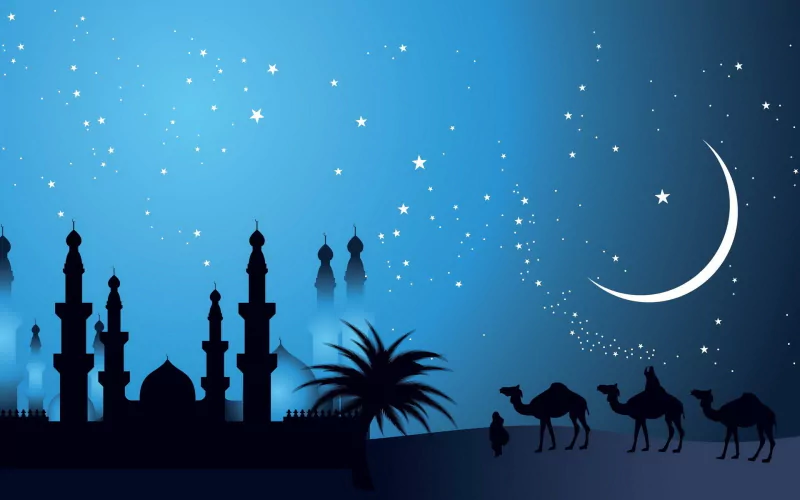 Artistic design of a night desert scene with a starry sky, crescent moon, mosque silhouettes, palm tree, and camel caravan.