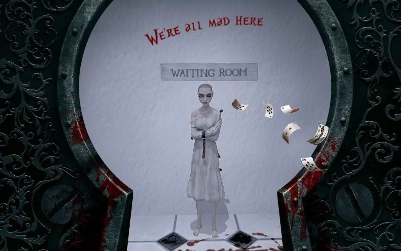 A dark scene from the video game Alice: Madness Returns showing a ghostly figure in a waiting room with the phrase We're all mad here above. Playing cards float in the air.